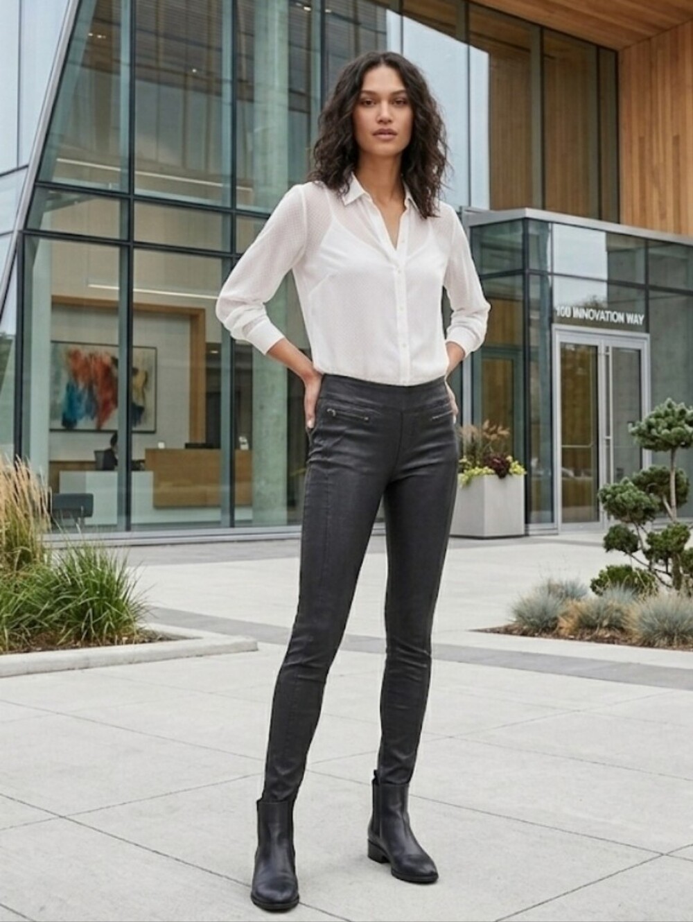 Reitmans Charcoal/Black Fake Leather And Denim Skinny Jeans